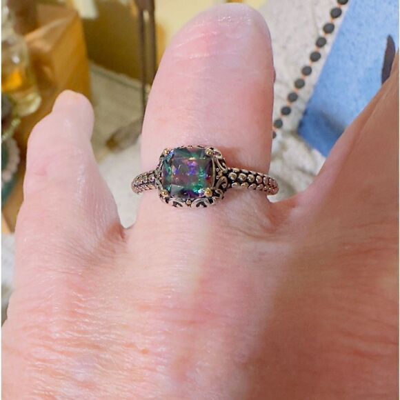 Sterling Silver Celtic Rainbow Topaz Cushion CZ Ring - Picture 10 of 10